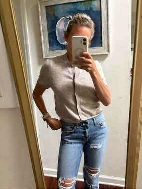 Divided Short-Sleeve Button-Front Knit Top in Beige